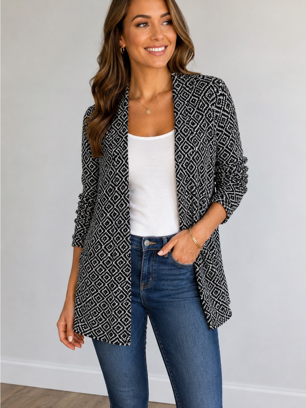 H&M Black White Textured Knit Open Cardigan geometric sweater XL Y2K boho casual